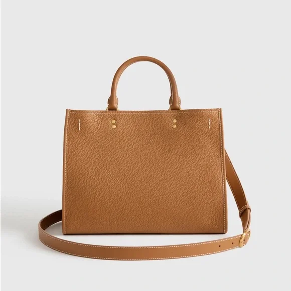 QUINCE Italian Leather Cognac Medium Convertible Satchel Bag - Picture 3 of 13